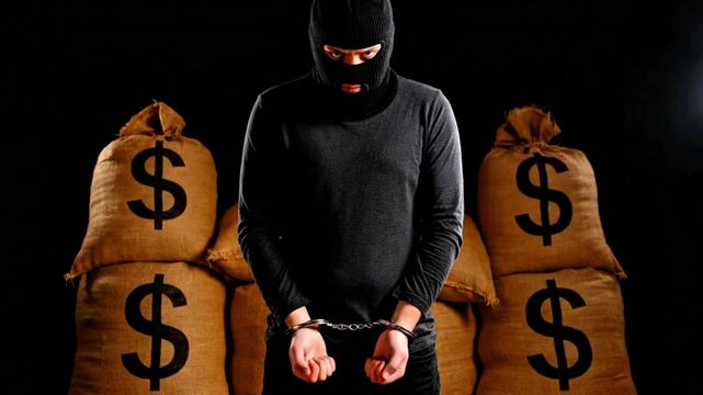 Video, illustration of a person involved in corruption wearing a bandit mask and holding a sack labeled Dollar, law, bribe, black background,