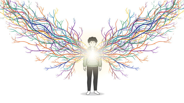 Young man with glowing colorful Time Line wings from back, freedom