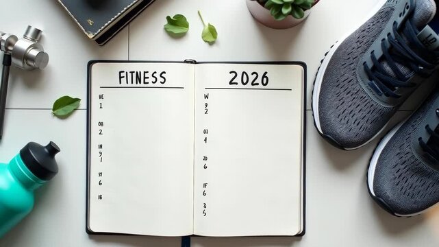 2026 fitness goal journal with workout plan, clean lifestyle setup, water bottle, running shoes, fresh morning energy, 
