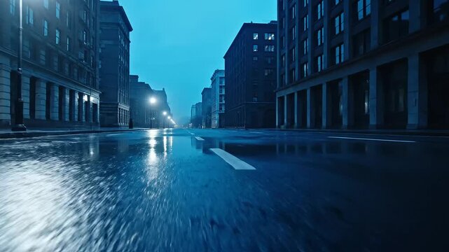 Empty city street reflections after new year celebration dawn urban scene