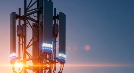 Cell site tower providing wireless fast internet connection. 5G network communication technology for future global connectivity and telecommunication.