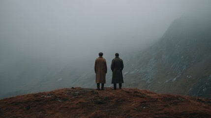 two men stand together on a mountain in coats during a cloudy day in autumn