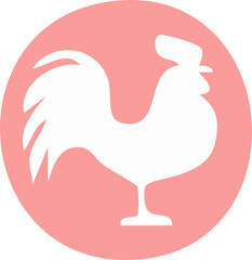 A minimalist flat icon shows a stylized white rooster silhouette standing in profile inside a soft pink circular background