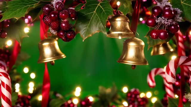 Christmas background with holly leaves, red berries, golden bells, and candy cane decoration for holiday greeting.