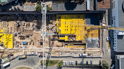 Aerial view of a busy construction site