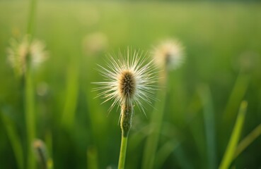 Cynodon dactylon grass seed head with fine hairs in sunlight. Soft focus green meadow background. Natural flora detail in warm golden hour light. Plant growth concept.