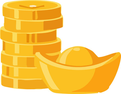 ecA flat illustration shows a stack of shiny gold coins beside a traditional Chinese gold ingot against, symbolizing wealth and prosperity.