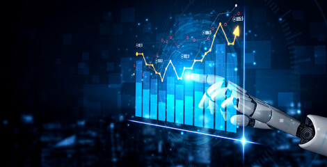 A robot hand engages with a vibrant digital stock market chart showcasing growth trends, symbolizing innovation in finance and data analytics. Scalp