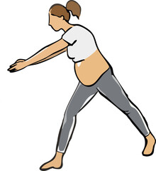 A minimalist flat illustration shows a pregnant woman performing a gentle prenatal yoga balance pose with arms extended forward against