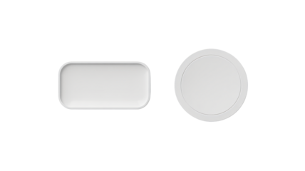 Two minimalist white ceramic serving dishes one rectangular and one round