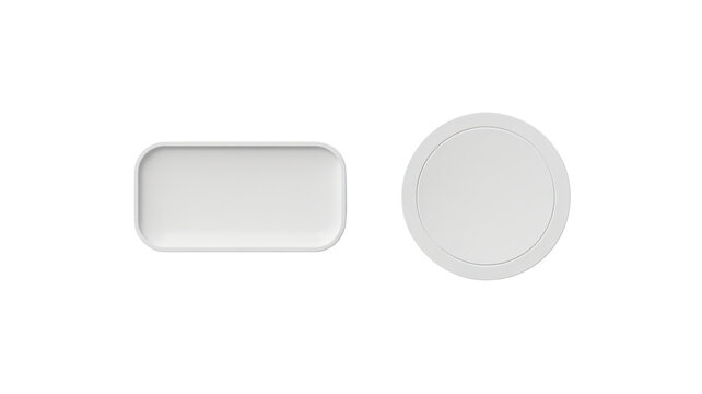 Two minimalist white ceramic serving dishes one rectangular and one round