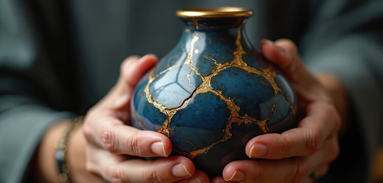Dark blue ceramic vase repaired with gold lacquer. Traditional Japanese kintsugi art emphasizes beauty in imperfection. Crafted by hand, it shows mended cracks and highlights unique aesthetic.