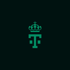 Fototapeta premium Elegant regal green crown with stylized interlocking T letter monogram on a deep dark background, classic heraldic design.