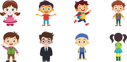 Colorful cartoon children and adults in various outfits and poses diverse