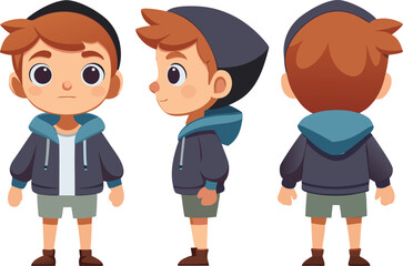Young boy in hoodie and shorts shown from three different angles child casual