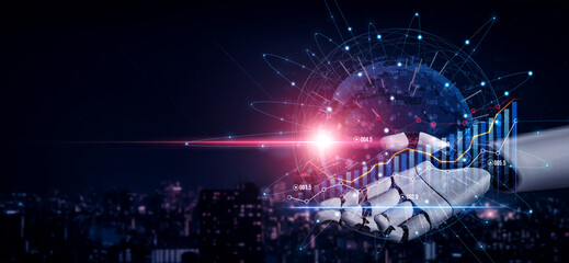 A futuristic robot hand reaches out towards a digital globe and financial graphs, symbolizing advanced technology and innovation in a bustling city at night. Scalp