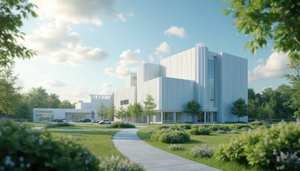 Obraz premium Modern white building with clean lines stands in a green landscape. A paved path leads to entrance doors. Cars are parked in front of facility under a blue sky.