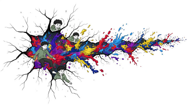Family silhouettes bursting colorfully through cracked wall
