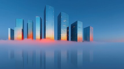 Fototapeta premium Futuristic city skyline of blue glass skyscrapers rising from glowing orange fog.