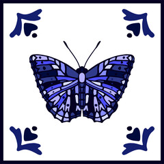 Vector square decoration with butterfly in Delft tile style