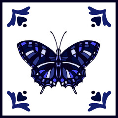 Vector symmetrical square decor with butterfly in ceramic tile style