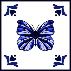 Vector square decoration with butterfly in Delft tile style