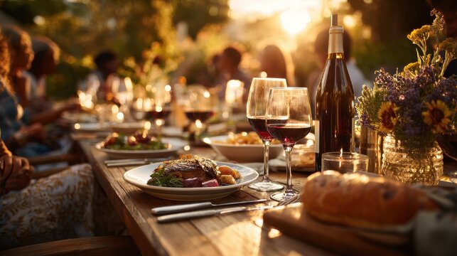 outdoor dinner party with wine served on wooden table in summer backyard celebration in napa valley farm among friends relatives and diverse people together at sunset food served on plates