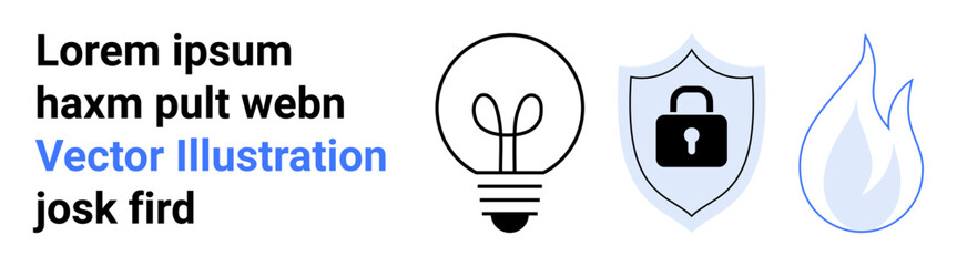 Obraz premium Innovation, cybersecurity, energy sustainability, protection, technology, creative thinking. Light bulb, shield with a lock and flame icons in a minimalist style. Innovation and cybersecurity