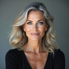 Fototapeta premium Mature woman with blonde hair and blue eyes smiles gently in a studio. She wears a black top and gold hoop earrings. She looks confident and happy, conveying elegance and style.