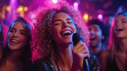 faceless friends enjoy karaoke night singing young woman holds microphone sings favorite song people have fun at party group celebrates vocal performances at bar music enterta