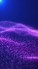 Abstract 3D landscape of glowing violet dots forming a digital wave under soft blue light