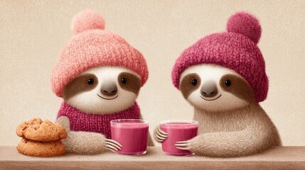 Obraz premium Two cute sloths wearing knitted hats and sweaters drink pink juice and eat cookies