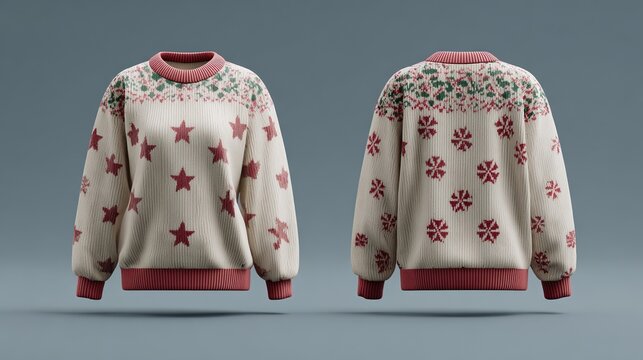 Cozy knitted Christmas sweater with stars and snowflakes in front and back view - Powered by Adobe