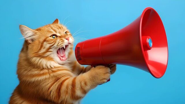 Ginger cat shouting into a red megaphone against a blue background, conveying an announcement, alert, or important message.