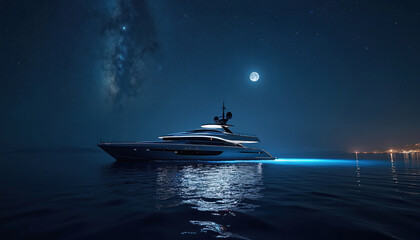 Luxury motor yacht sails on dark blue ocean under starry sky and full moon. Distant coastal city lights glow on horizon. Boat leaves glowing blue trail on water.