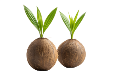 Two vibrant young coconut plants gracefully sprouting from their fibrous shells, beautifully isolated on a clean white background, symbolizing natural growth and the promise of new life