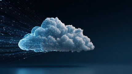 A fluffy, digital-looking cloud floats against a dark background with emanating light trails. Its soft form contrasts sharply with the precise lines
