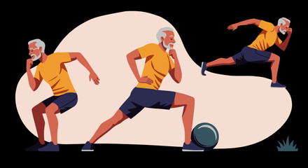 An active elderly man exercising. Senior fitness, workout, and healthy lifestyle concept. Flat design vector illustration set isolated on a background