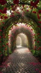 Obraz premium Sunlit rose-arched garden path with blooming flowers along a cobblestone walkway.
