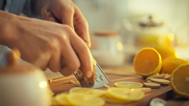 A man gently grates a brown, fresh ginger root, releasing its strong, pungent aroma and nutritious juice filled with vitamins. The anti-inflammatory herb is often used for medicinal benefits