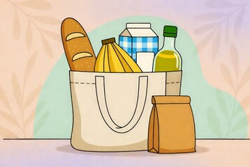 Eco friendly reusable bag with groceries illustration