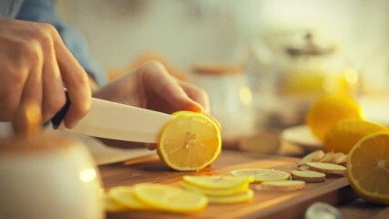 Male hands skillfully slice vibrant yellow lemon on wooden cutting board with ceramic knife, releasing raw juice that starts dripping down, captured in a macro shot against a blurred orange background