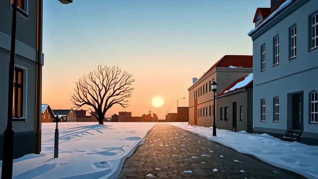 Tranquil winter sunset over snowy village street with bare tree silhouettes