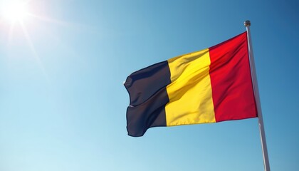 Belgian flag waves on pole against clear blue sky with sun glare. National symbol of Belgium flutters. Patriotism and independence concept. Horizontal tri-color emblem.