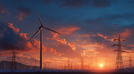 Wind turbine with solar panels at sunset, symbolizing clean energy. Concept of renewable energy supply, eolic turbines, power generation, energy transmission, and high-voltage distribution.
