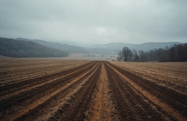 Brown soil furrows stretch across vast field under overcast sky. Bare trees dot distant treeline, leading to hazy hills and muted landscape, suggesting early spring or late autumn preparation.