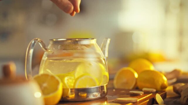 Man's hand gently places fresh lemon slice into teapot, releasing zest into hot water as it floats, showcasing texture and acidity that enhance lemon ginger tea. citrus begins to infuse, filling air