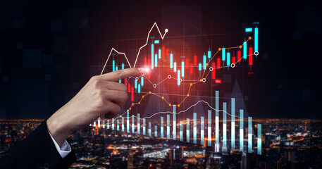 A hand pointing at a digital financial chart with various trading data overlayed. The dynamic city skyline at night enhances the theme of investment and market analysis. Scalp