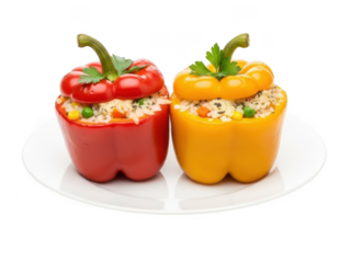 Two Stuffed Bell Peppers Red and Yellow with Rice and Vegetables on Plate graphic