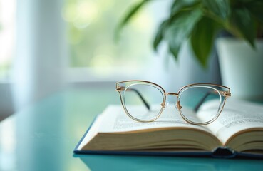 Stylish eyeglasses rest on open book on blue table. Soft light, green plant background. Visual aid for reading studying or prescription. Optics and eye care.